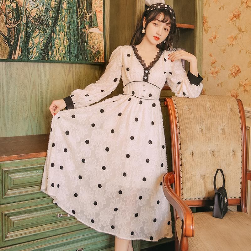 Dress With Polka Dots And Flower Embroidery - Asian Fashion Lianox