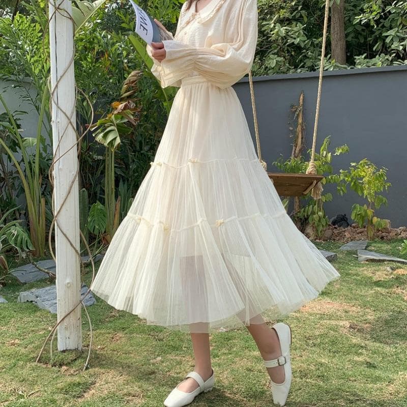 Flowy Midi Mesh Skirt With Ribbons - Asian Fashion Lianox