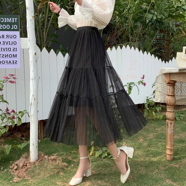 Flowy Midi Mesh Skirt With Ribbons - Asian Fashion Lianox