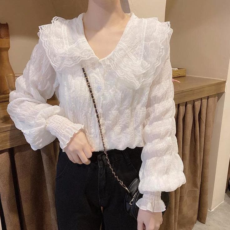 Vintage Lace Blouse With Ruffles - Asian Fashion Lianox