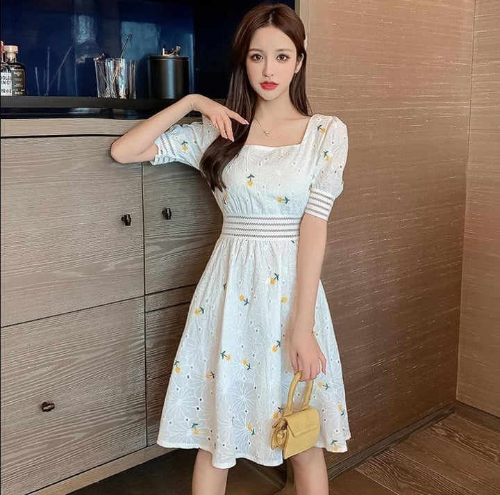 Floral Midi Dress With Waistband - Asian Fashion Lianox
