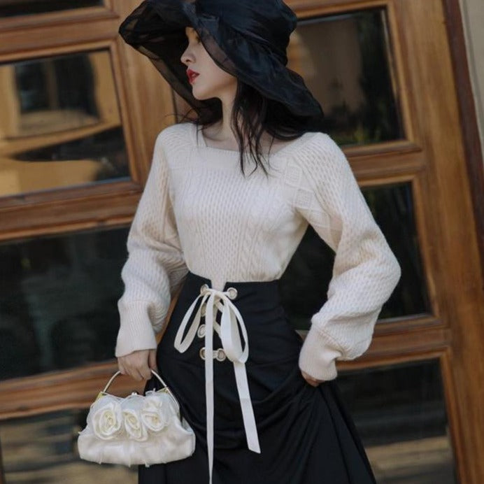 Outfit-Set: Knitted Sweater And Laced-Up Skirt