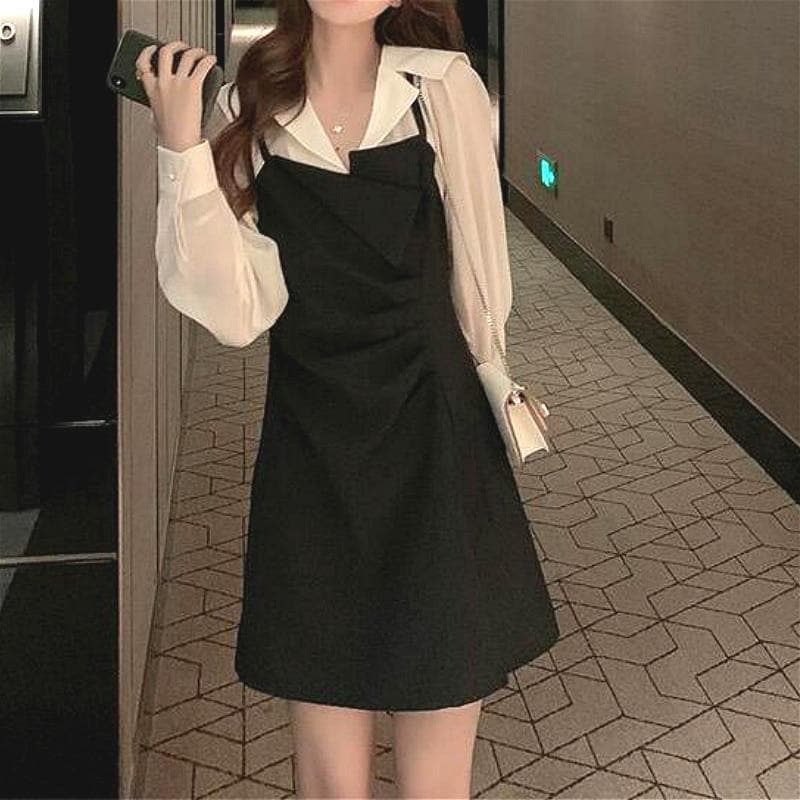 Elegant 2-in-1 Dress With Sailor Collar Blouse - Asian Fashion Lianox
