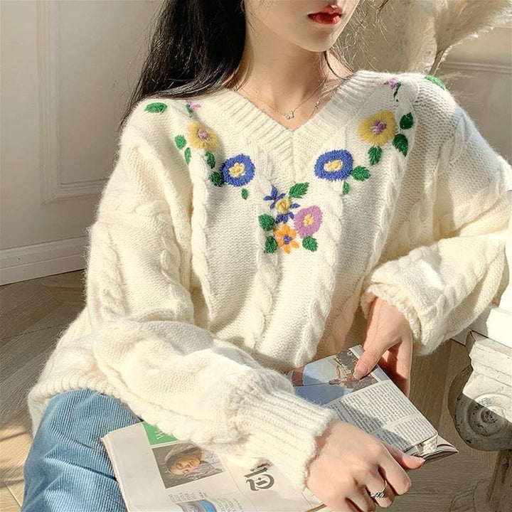 Knitted V-Neck Sweater With Floral Embroidery - Asian Fashion Lianox