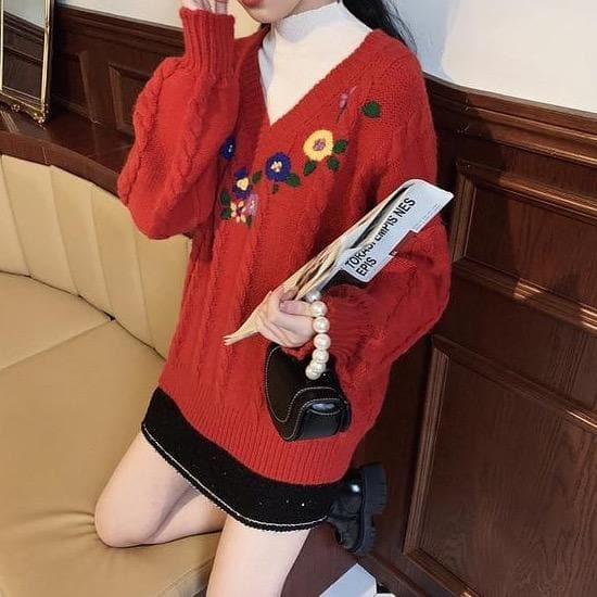 Knitted V-Neck Sweater With Floral Embroidery - Asian Fashion Lianox