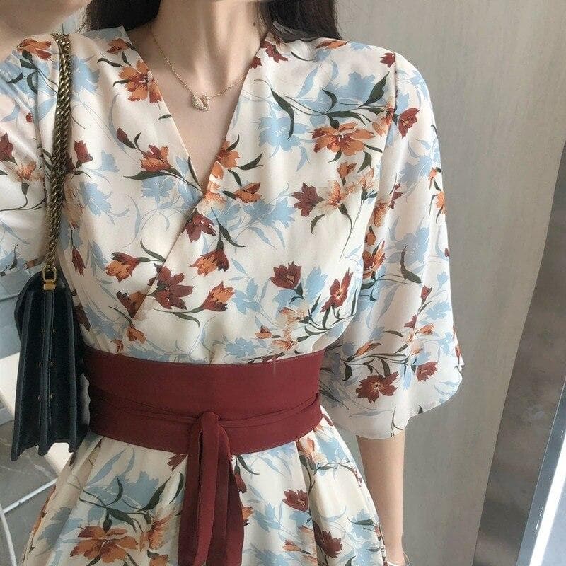 Long Dress With Floral Print And Obi Belt - Asian Fashion Lianox