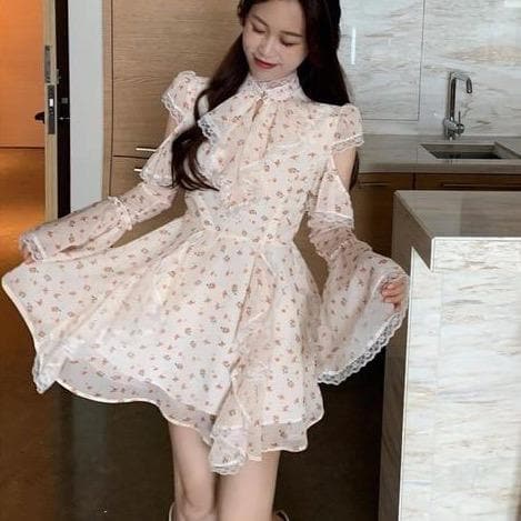 High-Neck Mini Dress With Floral Print And Lace Accents - Asian Fashion Lianox