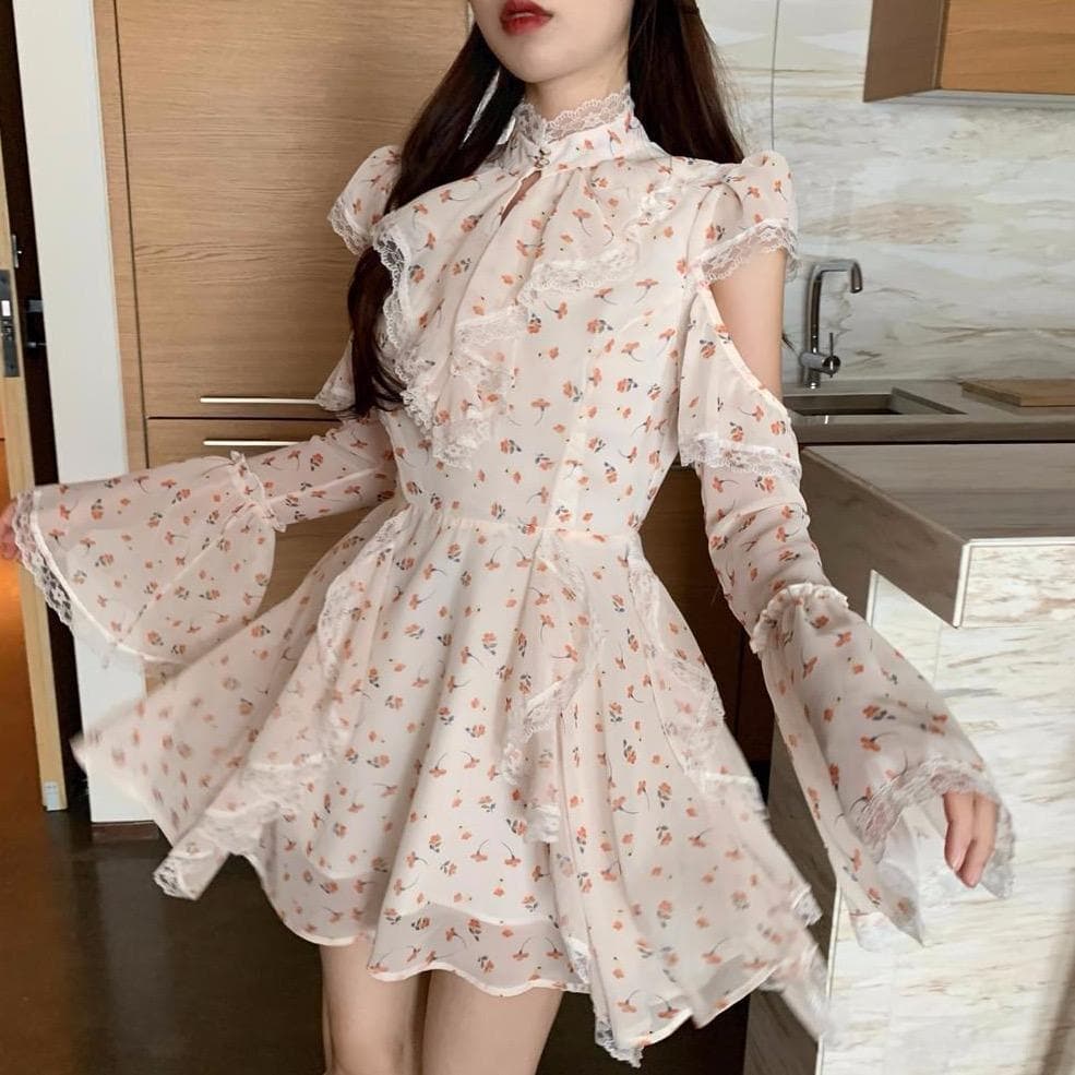High-Neck Mini Dress With Floral Print And Lace Accents - Asian Fashion Lianox