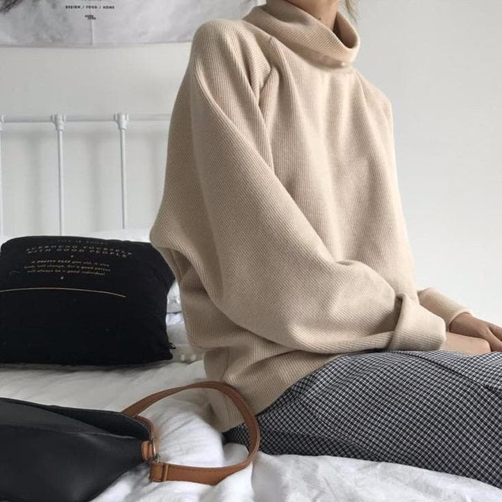 Knitted Longsleeve Sweatshirt With Big Turtleneck - Asian Fashion Lianox