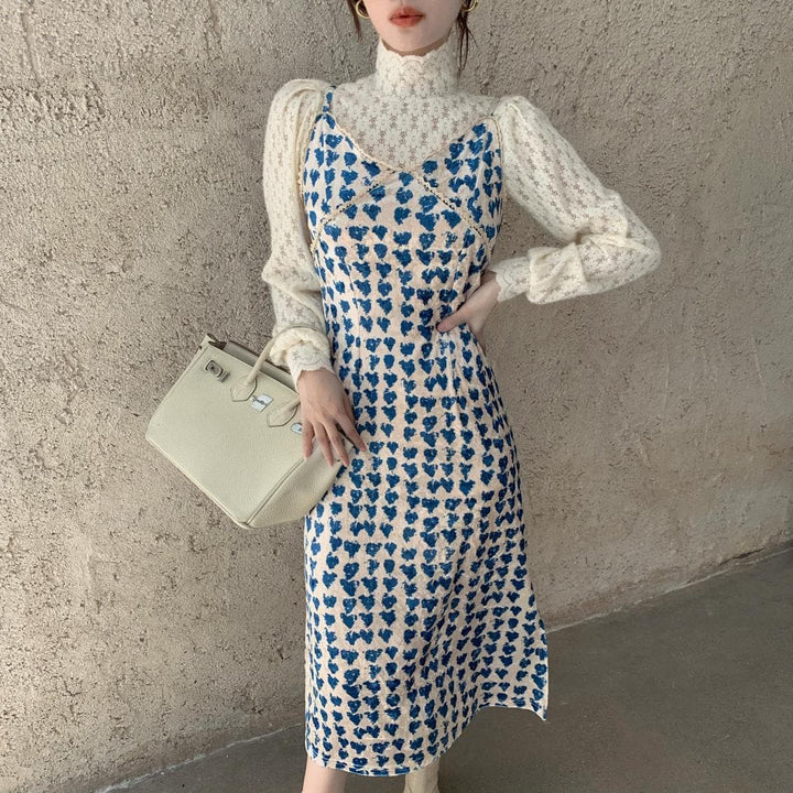 Two-In-One Midi Dress With Heart Pattern + Lace Turtleneck - Asian Fashion Lianox