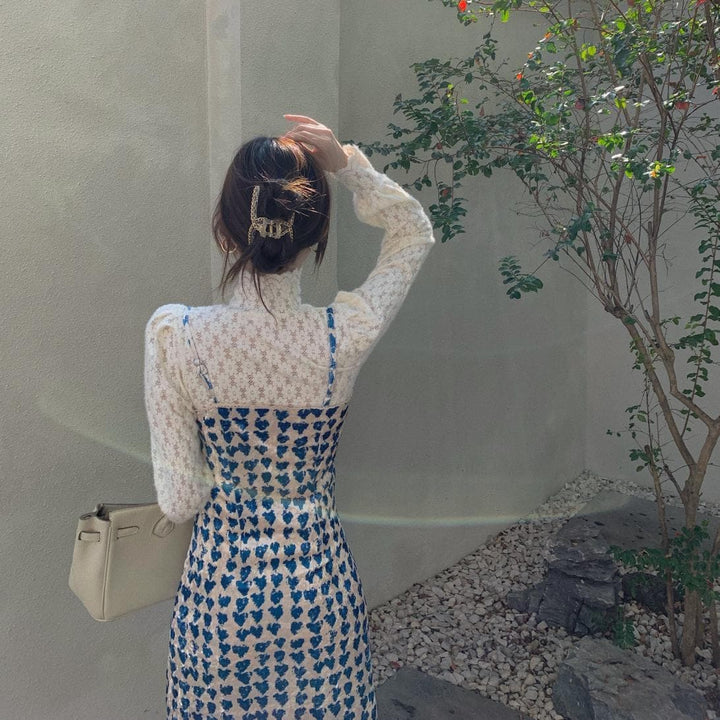 Two-In-One Midi Dress With Heart Pattern + Lace Turtleneck - Asian Fashion Lianox