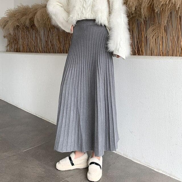 Pleated Maxi Skirt With Elastic Waist - Asian Fashion Lianox