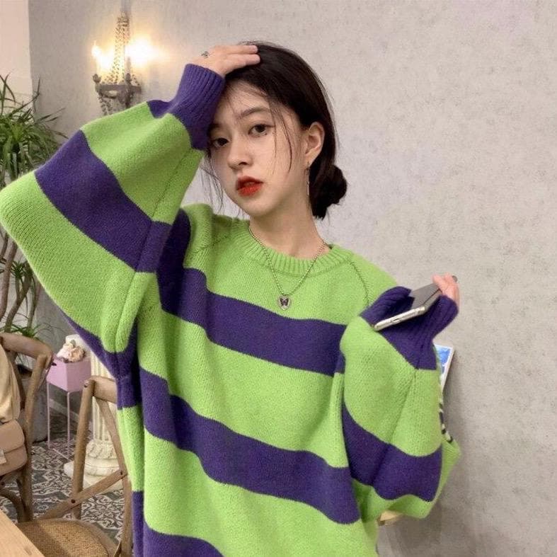 Knitted Sweatshirt With Stripes - Asian Fashion Lianox