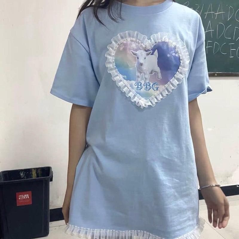 T-Shirt With Sheep Print And Ruffles - Asian Fashion Lianox