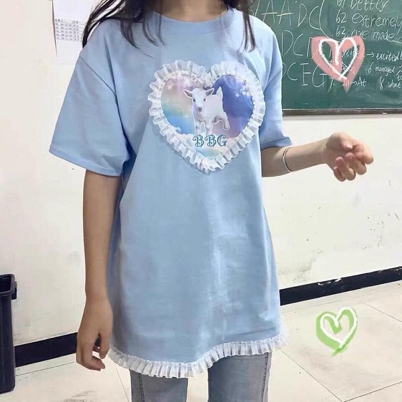 T-Shirt With Sheep Print And Ruffles - Asian Fashion Lianox