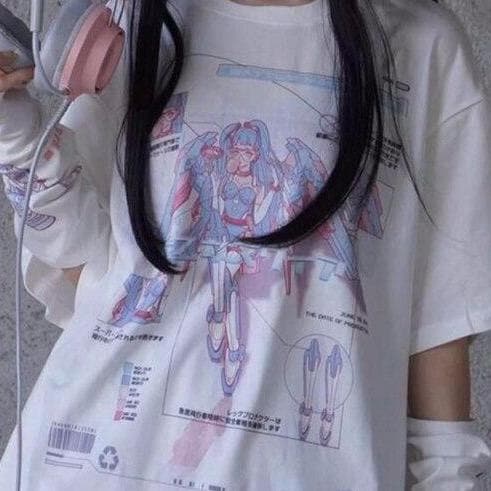 T-Shirt With Mecha Anime Girl Print - Asian Fashion Lianox