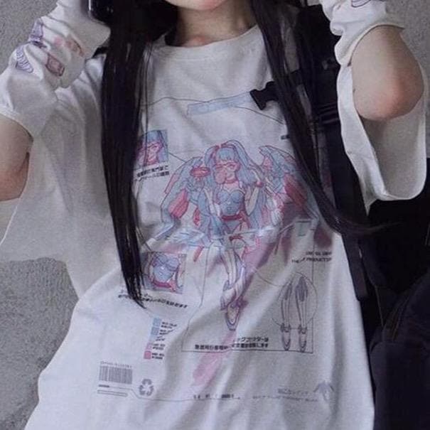 T-Shirt With Mecha Anime Girl Print - Asian Fashion Lianox
