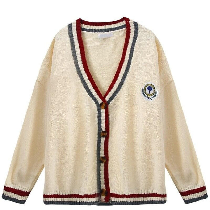 Knit Cardigan With Buttons And Chest Emblem - Asian Fashion Lianox