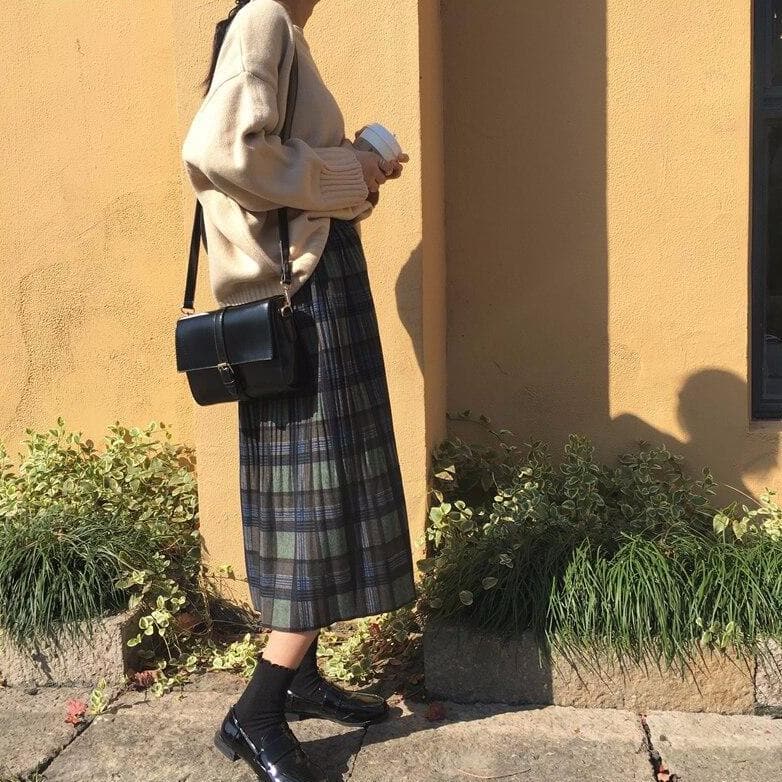 Pleated Midi Skirt With Plaid Pattern - Asian Fashion Lianox