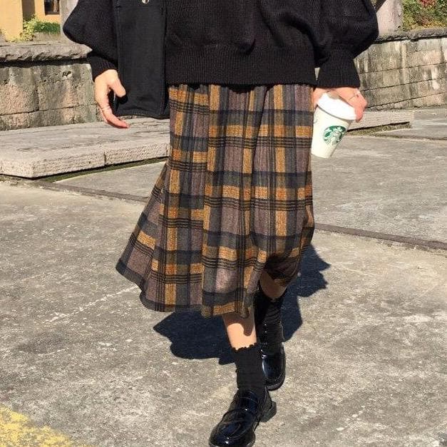 Pleated Midi Skirt With Plaid Pattern - Asian Fashion Lianox