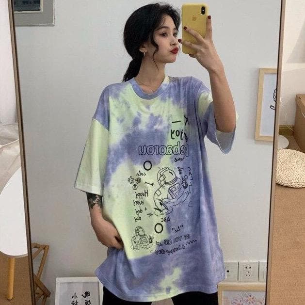 Tie Dye Tee With Print - Asian Fashion Lianox