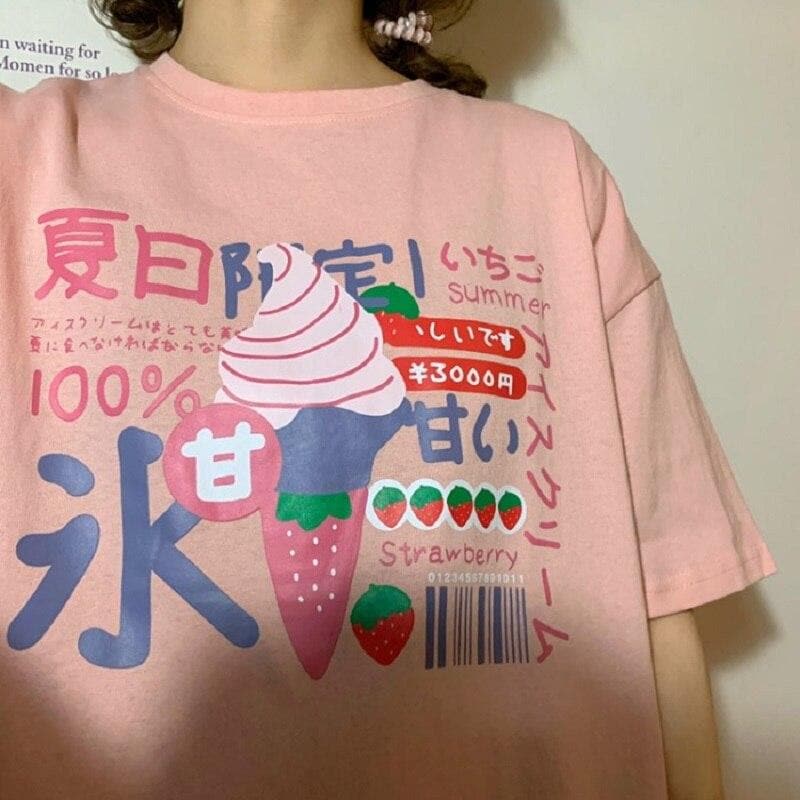 Tee With Ice Cream Print And Japanese Lettering - Asian Fashion Lianox