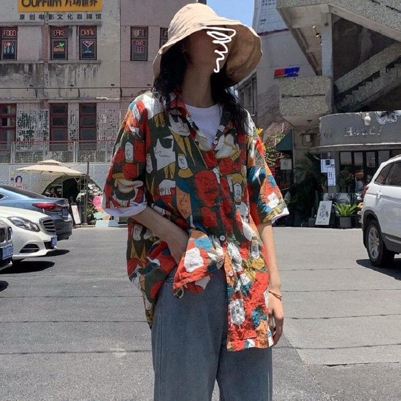Buttoned Shirt With Colorful Faces Print - Asian Fashion Lianox