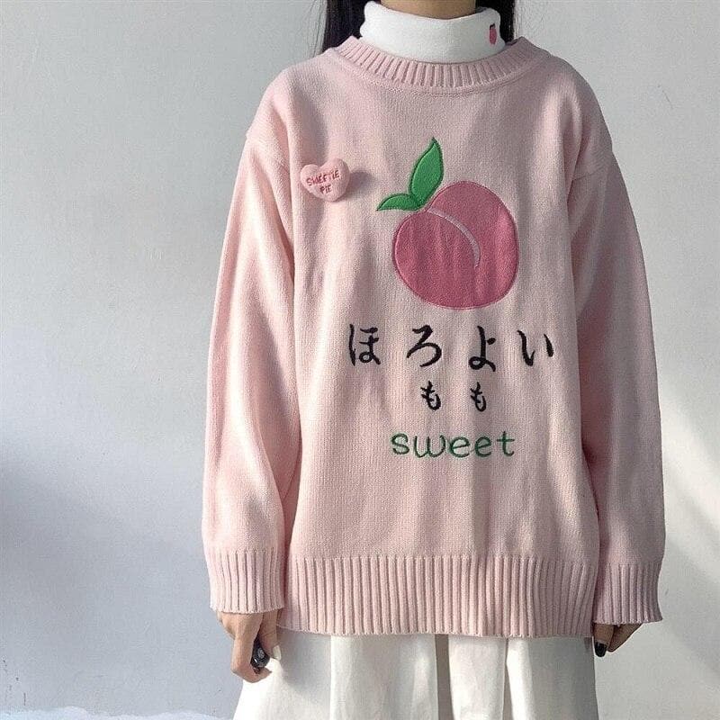 "Horoyoi Momo sweet" Knitted Sweater With Peach Embroidery - Asian Fashion Lianox