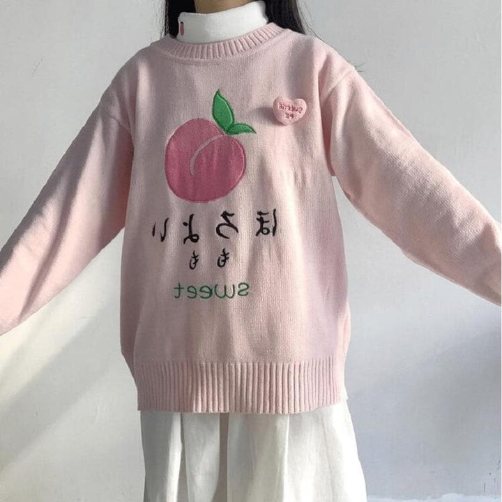 "Horoyoi Momo sweet" Knitted Sweater With Peach Embroidery - Asian Fashion Lianox