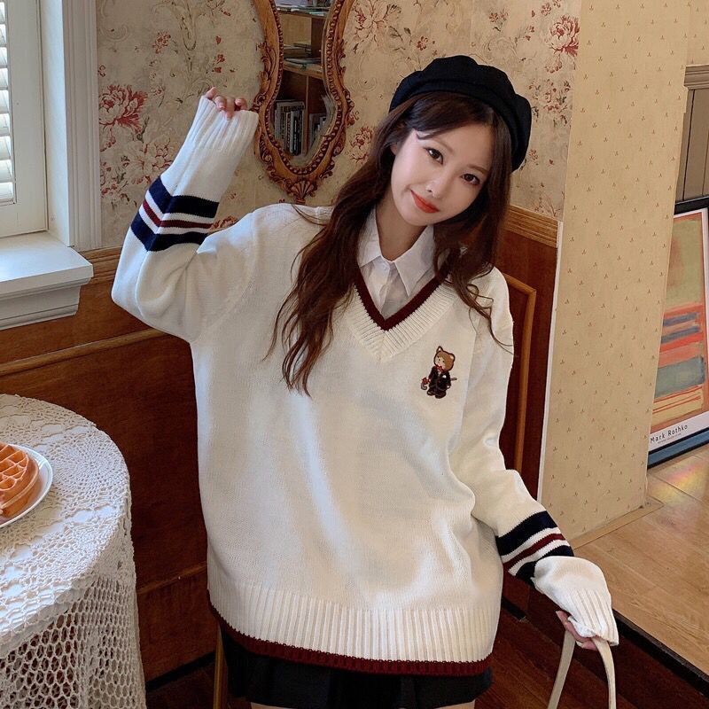 V-Neck Knit Sweater With Bear Embroidery