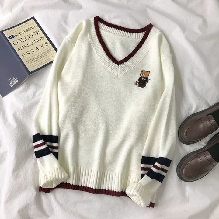 V-Neck Knit Sweater With Bear Embroidery