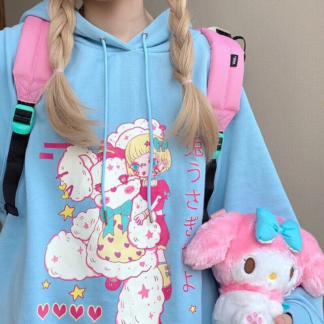 Hoodie With Kawaii Print And Japanese Lettering