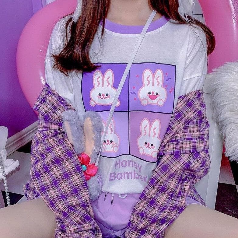 "Honey Bomber" T-Shirt With Cute Bunny Print - Asian Fashion Lianox