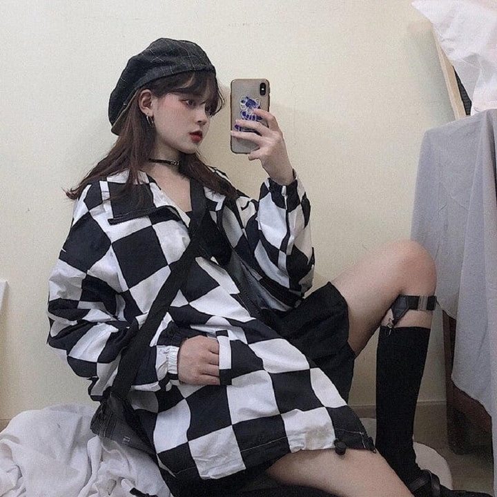 Longsleeve Jacket With Checkered Pattern - Asian Fashion Lianox
