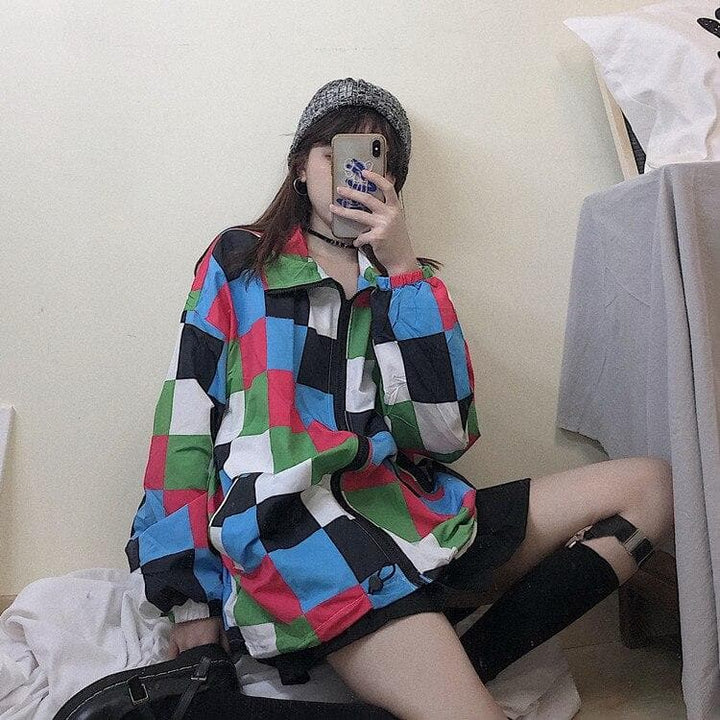 Longsleeve Jacket With Checkered Pattern - Asian Fashion Lianox