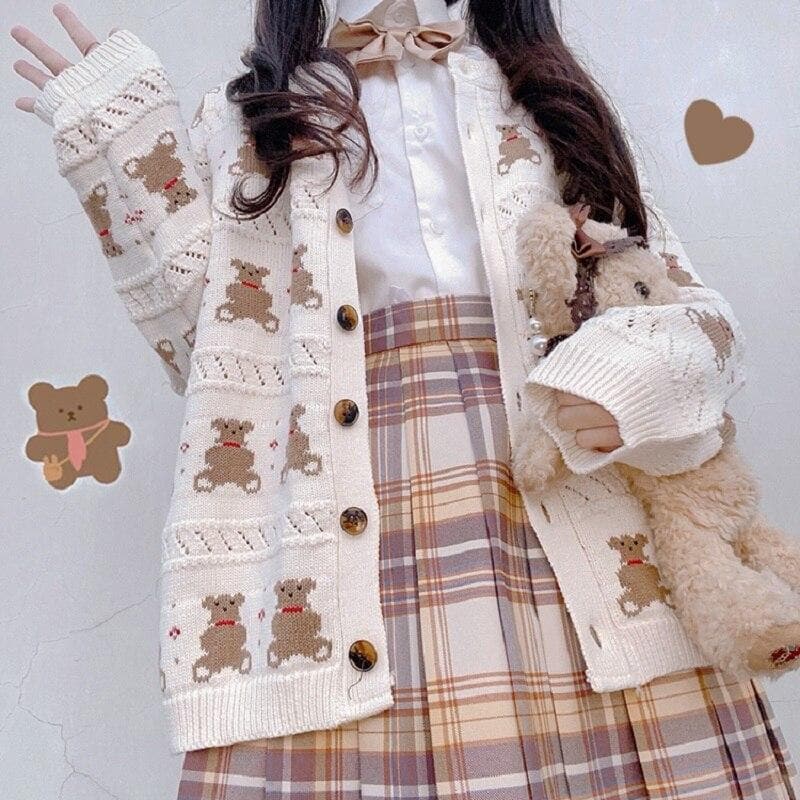 Knit Cardigan With Teddy Bear Pattern - Asian Fashion Lianox