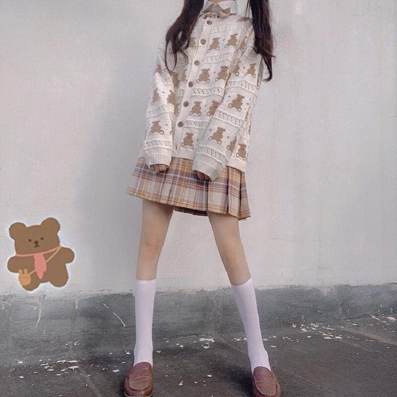 Knit Cardigan With Teddy Bear Pattern - Asian Fashion Lianox