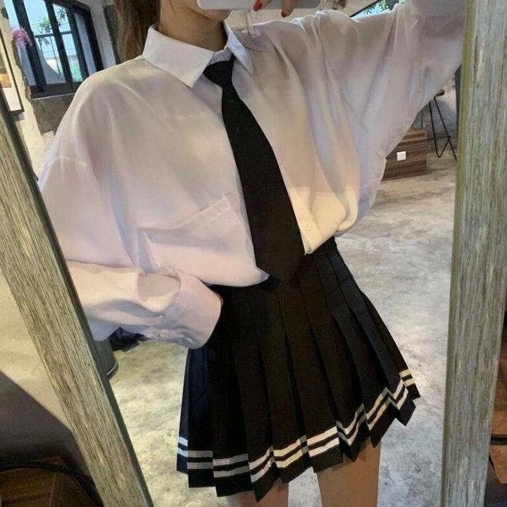 Pleated Mini Skirt With Stripes - Asian Fashion Lianox