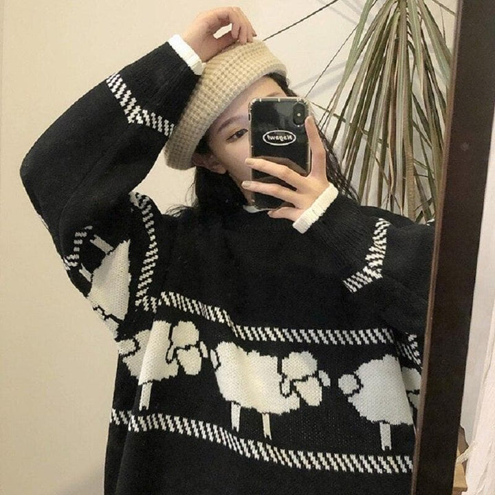 Knit Sweater With Sheep Pattern - Asian Fashion Lianox