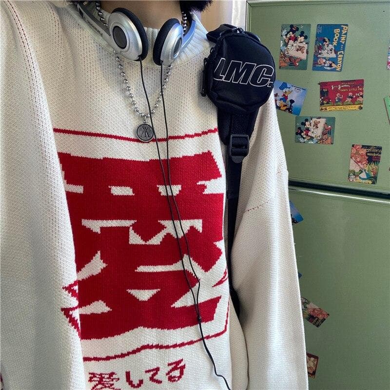 "Love" Long Sleeve Sweater With Japanese Lettering - Asian Fashion Lianox