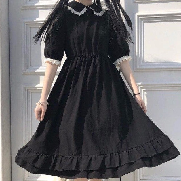 Knee-Length Dress With Collar And Puff Sleeves