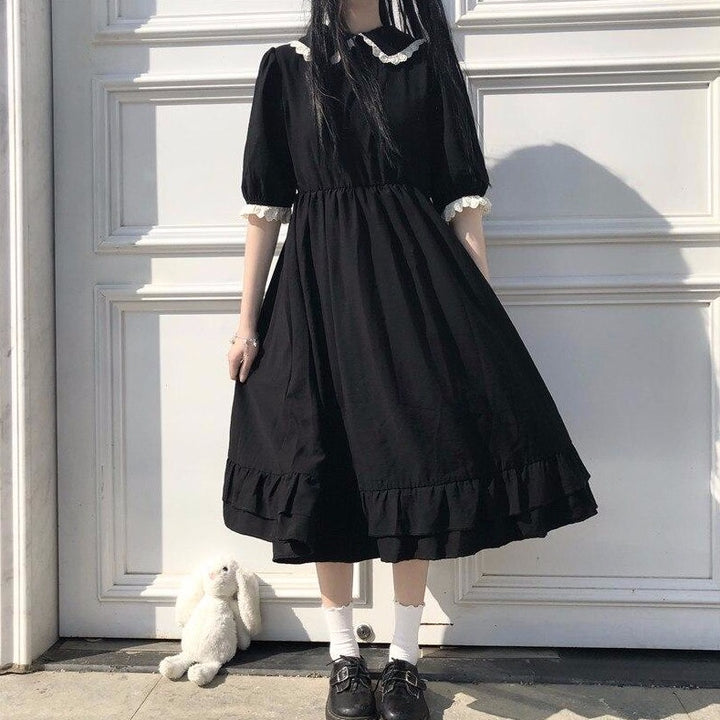 Knee-Length Dress With Collar And Puff Sleeves