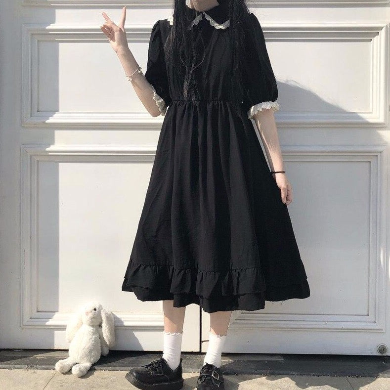 Knee-Length Dress With Collar And Puff Sleeves – Lianox