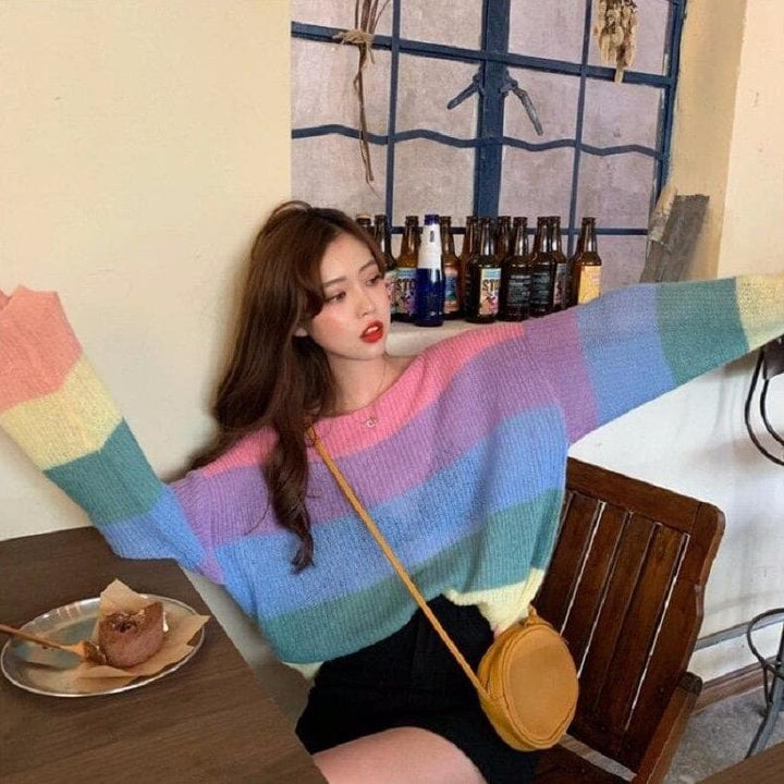 Rainbow Stripes Sweater With Long Sleeves - Asian Fashion Lianox