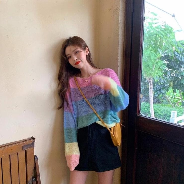 Rainbow Stripes Sweater With Long Sleeves - Asian Fashion Lianox