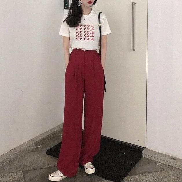 Wide-Leg Pants With Pleats And Buttons - Asian Fashion Lianox