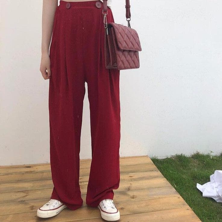 Wide-Leg Pants With Pleats And Buttons - Asian Fashion Lianox