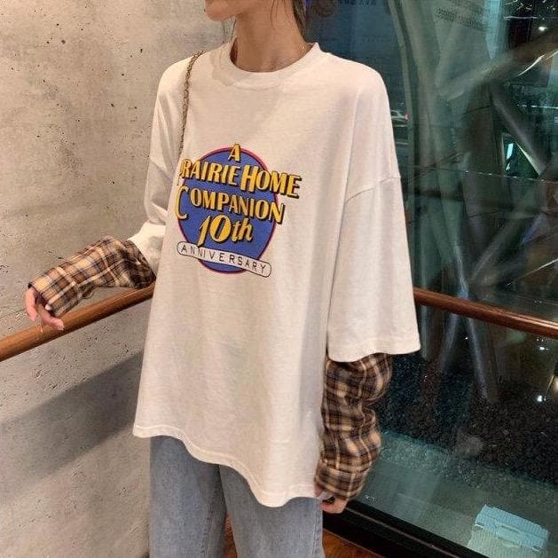 "A PRAIRIE HOME COMPANION" 2-in-1 T-Shirt With Longsleeve Plaid Shirt - Asian Fashion Lianox