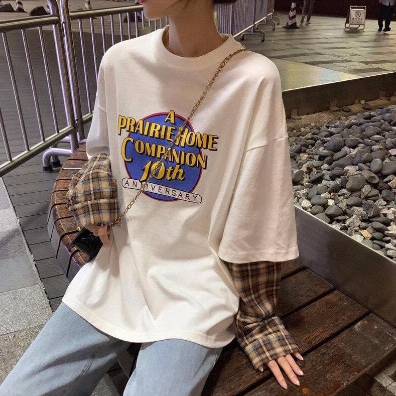 "A PRAIRIE HOME COMPANION" 2-in-1 T-Shirt With Longsleeve Plaid Shirt - Asian Fashion Lianox