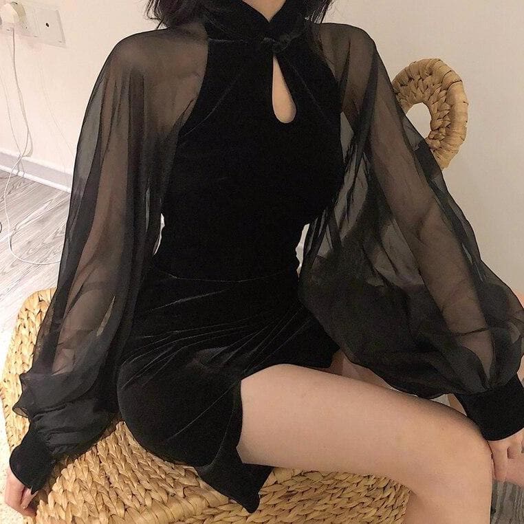 Velvet Mini Dress With Mesh Lantern Sleeves - Asian Fashion Lianox